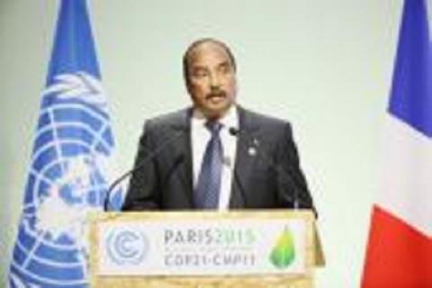 Le Président mauritanien Mohamed Ould Abdel Aziz prenant la parole à la Cop 21