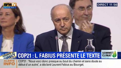 Laurent Fabius Ministre français annonçant le projet d'accorde Cop Z21
