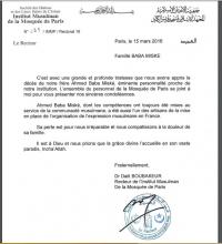  Lettre de condoléances recteur de l'institut musulman de la mosquée de paris
